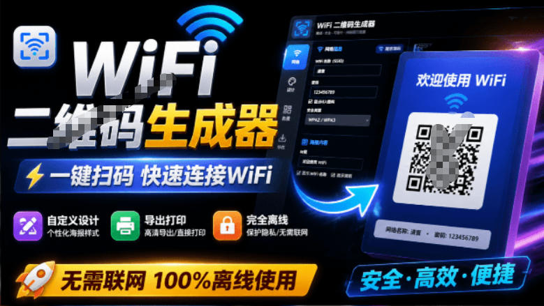 完全离线使用！WiFi二维码生成器，一键扫码快速连接WiFi，支持自定义风格导出WiFi二维码生成器-休闲学社