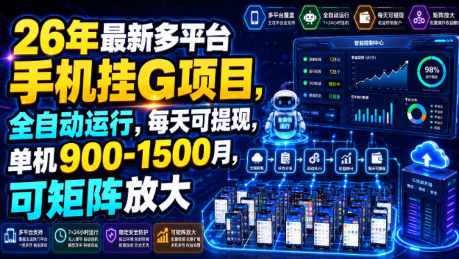 26年最新多平台手机挂G项目，全自动运行，每天可提现，单机900-1500月，可矩阵放大【揭秘】-休闲学社