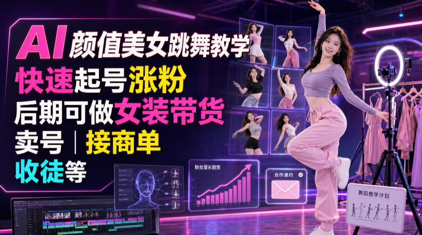 AI颜值美女跳舞教学，快速起号涨粉，后期可做女装带货，卖号，接商单，收徒等-休闲学社