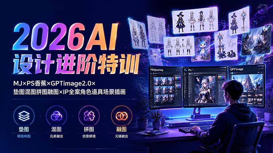 2026AI设计进阶特训：MJ×PS香蕉×GPTimage2.0×垫图混图拼图融图×IP全案角色道具场景插画-休闲学社
