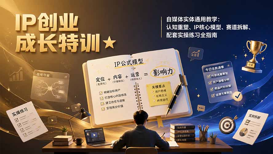 IP创业成长特训★自媒体实体通用教学：认知重塑、IP核心模型、赛道拆解、配套实操练习全指南-休闲学社
