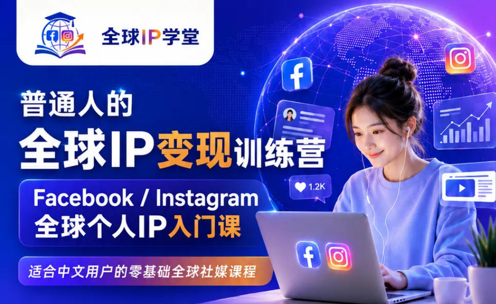 普通人的全球IP变现训练营，Facebook/Instagram全球个人IP入门课，零基础全球社媒课程-休闲学社