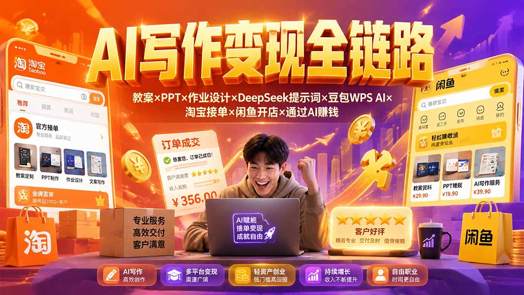 2026AI写作变现全链路：教案×PPT×作业设计×DeepSeek提示词×豆包WPS AI×淘宝接单×闲鱼开店×通过AI賺钱-休闲学社