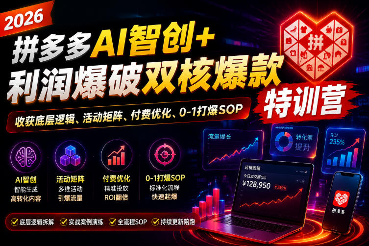 2026拼多多AI智创+利润爆破双核爆款特训营，收获底层逻辑、活动矩阵、付费优化、0-1打爆SOP(更新0727)-休闲学社