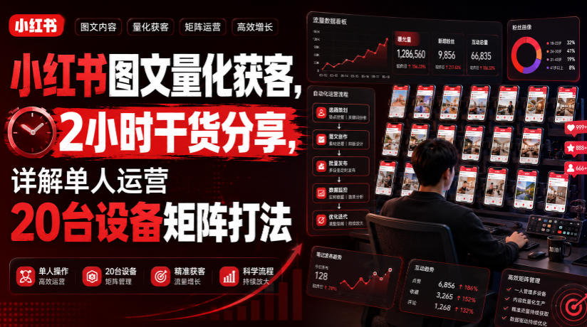 小红书图文量化获客，2小时干货分享，详解单人运营20台设备矩阵打法-休闲学社