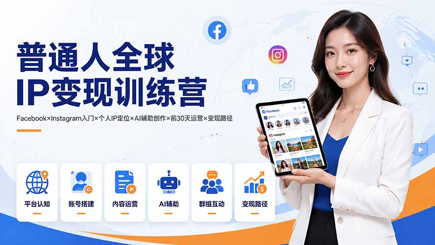 普通人全球IP变现训练营：Facebook×Instagram入门×个人IP定位×AI辅助创作×前30天运营×变现路径-休闲学社