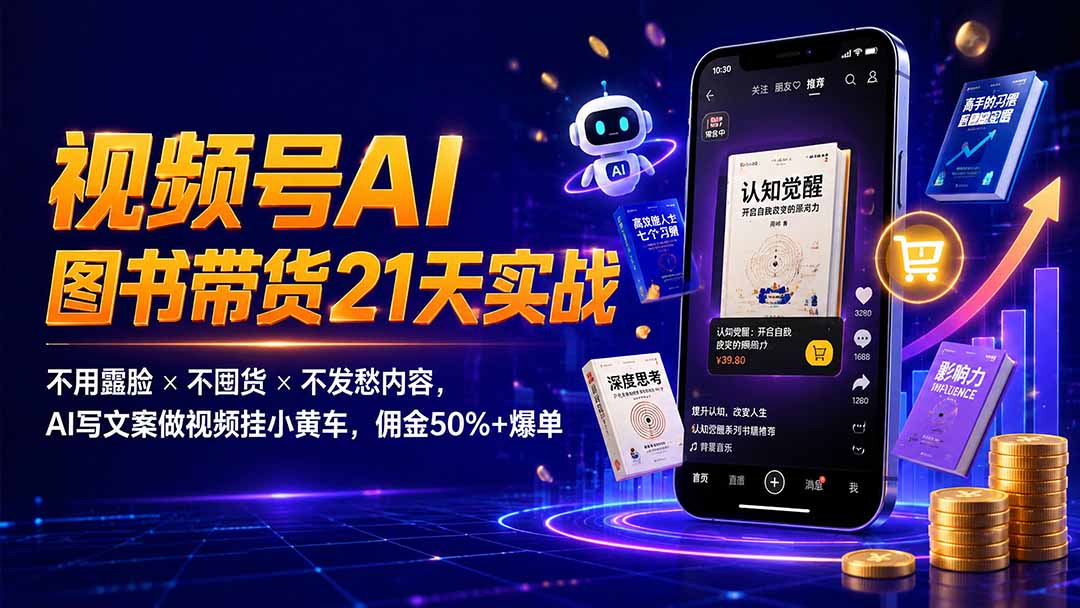 繁花视频号AI图书带货21天实战：不用露脸×不囤货×不发愁内容，AI写文案做视频挂小黄车，佣金50%+爆单-休闲学社