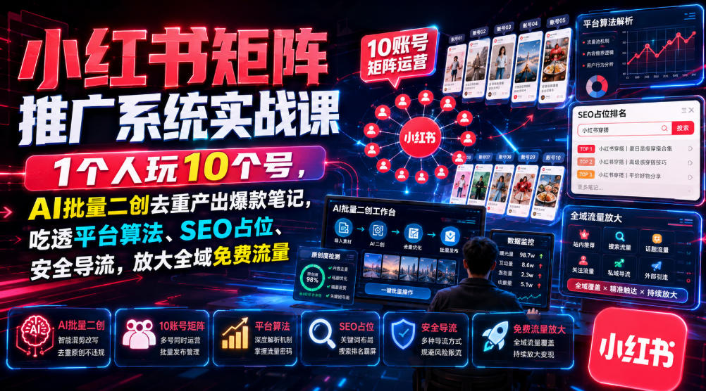 小红书矩阵推广系统实战课｜1个人玩10个号，AI批量二创去重产出爆款笔记，吃透平台算法、SEO占位、安全导流，放大全域免费流量-休闲学社