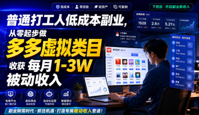 普通打工人低成本副业，从零起步做多多虚拟类目，收获每月1-3W被动收入【揭秘】-休闲学社
