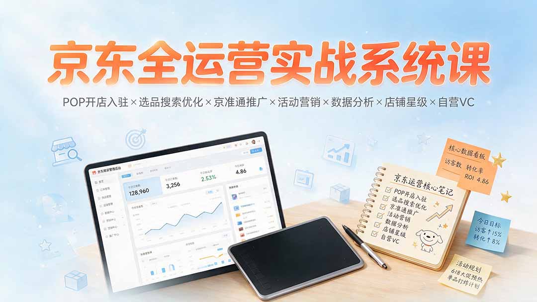 京东全运营实战系统课：POP开店入驻×选品搜索优化×京准通推广×活动营销×数据分析×店铺星级×自营VC-休闲学社