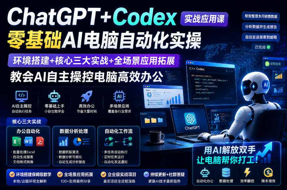 ChatGPT+Codex实战应用课｜零基础AI电脑自动化实操，环境搭建+核心三大实战+全场景应用拓展，教会AI自主操控电脑高效办公-休闲学社