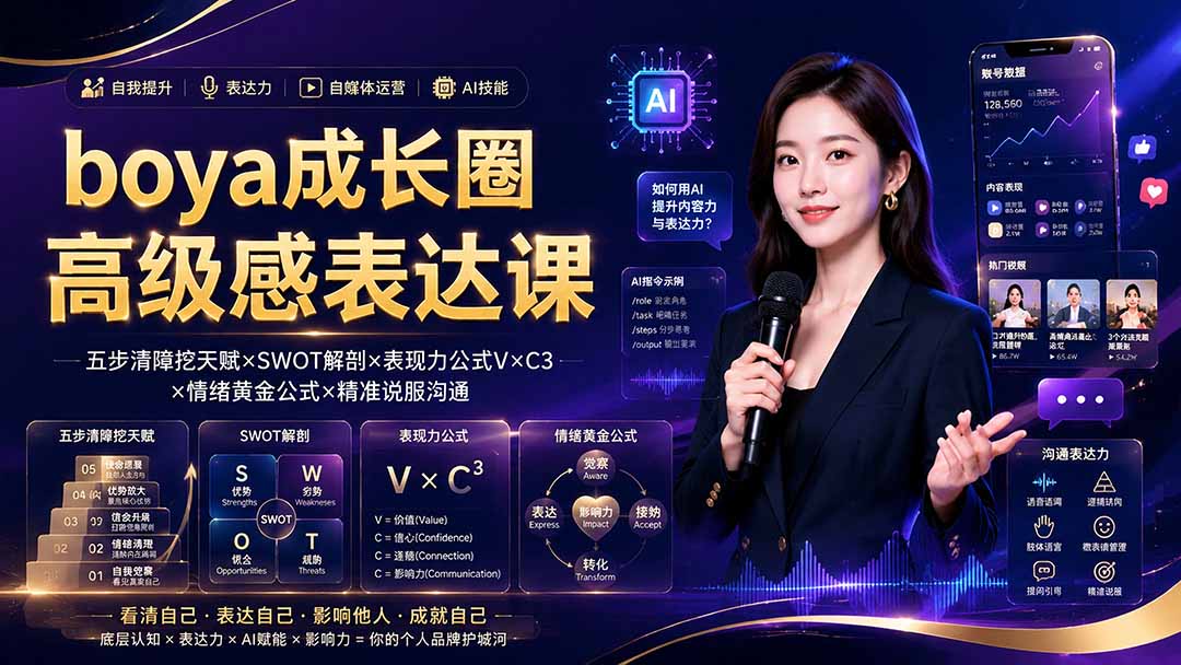 boya成长圈｜内心成长高级表达AI自媒体三合一，消解内耗挖掘天赋，镜头沟通AI指令短视频全流程教学-休闲学社