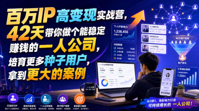 百万IP高变现实战营，42天带你做个能稳定賺钱的一人公司，培育更多种子用户，拿到更大的案例-休闲学社