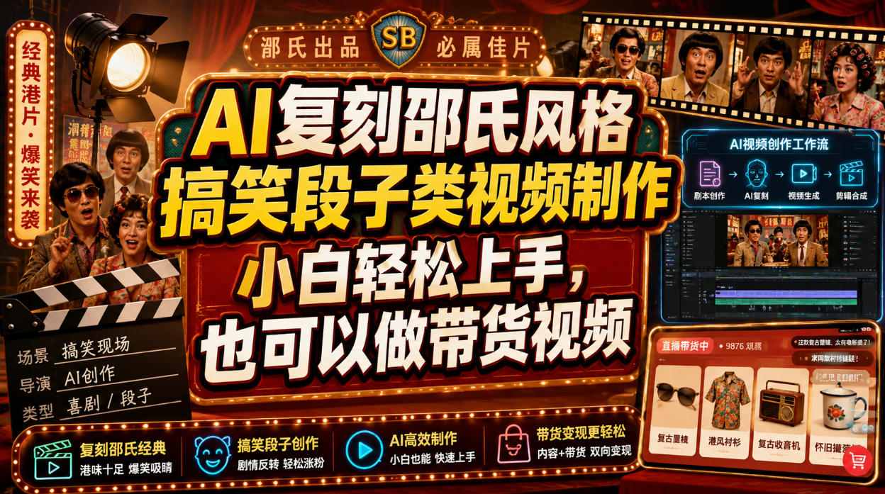 AI复刻邵氏风格搞笑段子类视频制作，小白轻松上手，也可以做带货视频-休闲学社