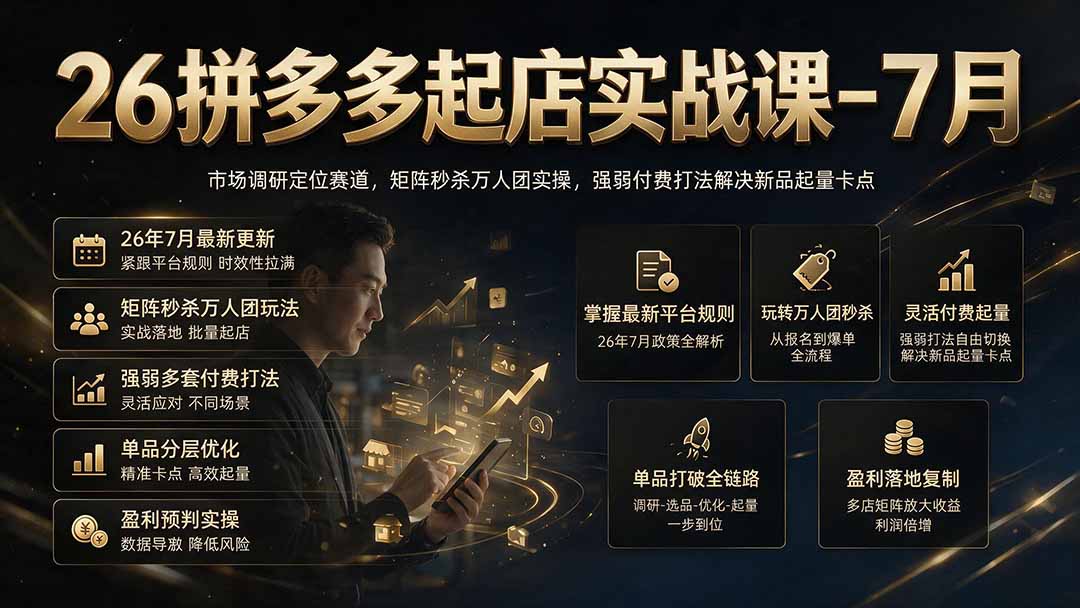 26拼多多起店实战课-7月｜市场调研定位赛道，矩阵秒杀万人团实操，强弱付费打法解决新品起量卡点-休闲学社