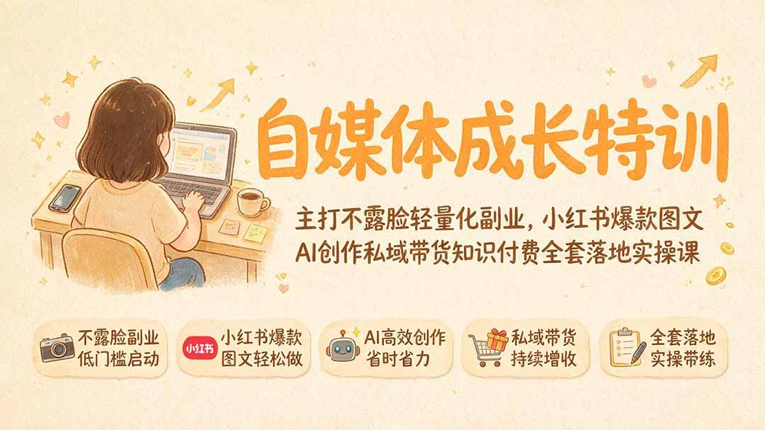 自媒体成长特训｜主打不露脸轻量化副业，小红书爆款图文AI创作私域带货知识付费全套落地实操课-休闲学社