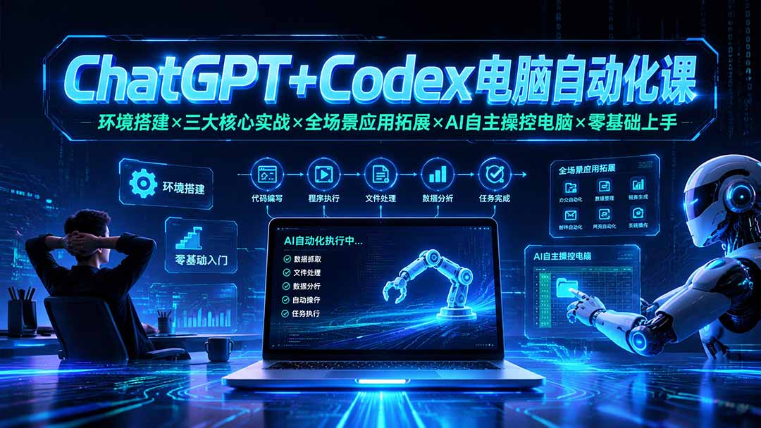 ChatGPT+Codex电脑自动化课：环境搭建×三大核心实战×全场景应用拓展×AI自主操控电脑×零基础上手-休闲学社