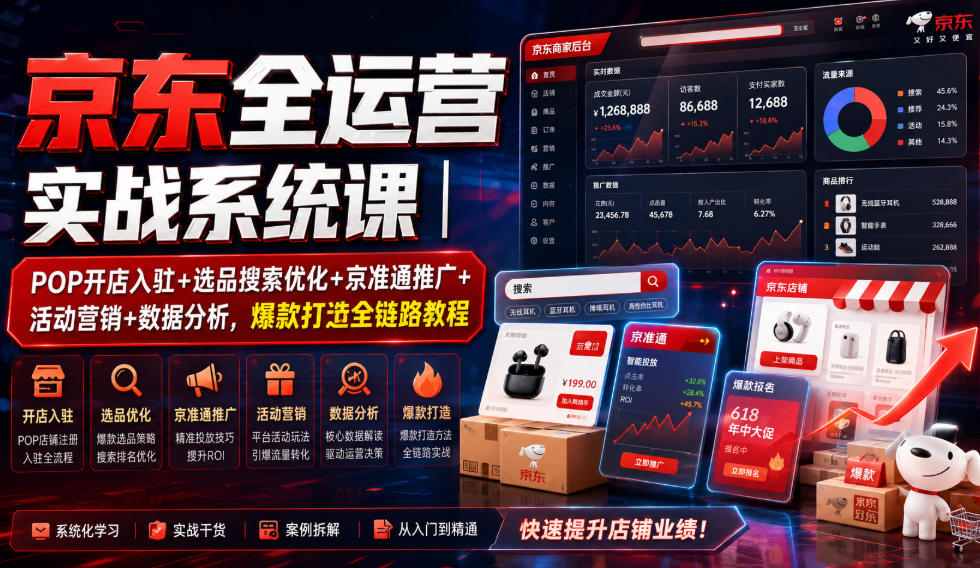 京东全运营实战系统课｜POP开店入驻+选品搜索优化+京准通推广+活动营销+数据分析，爆款打造全链路教程-休闲学社
