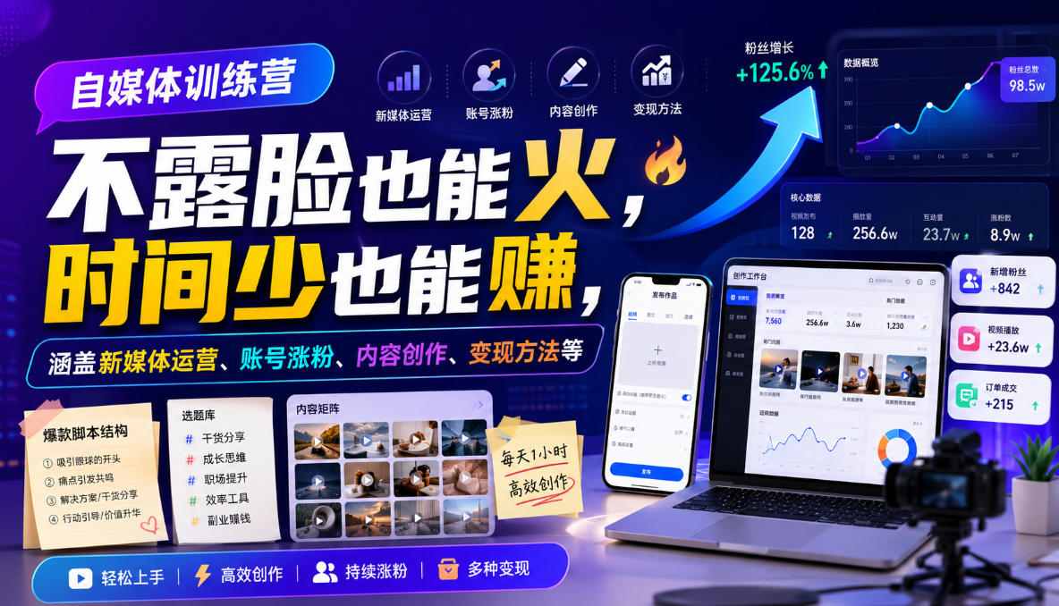 自媒体训练营，不露脸也能火，时间少也能賺，涵盖新媒体运营、账号涨粉、内容创作、变现方法等-休闲学社