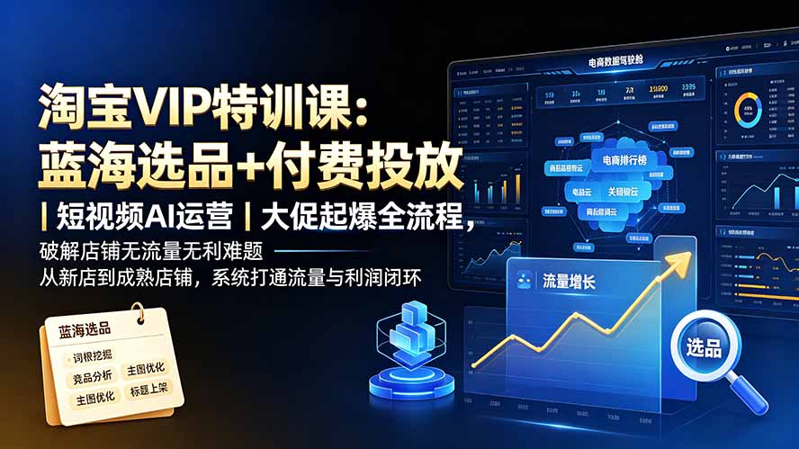 淘宝VIP特训课-更新:蓝海选品+付费投放|短视频AI运营|大促起爆全流程,破解店铺无流量无利润难题-休闲学社