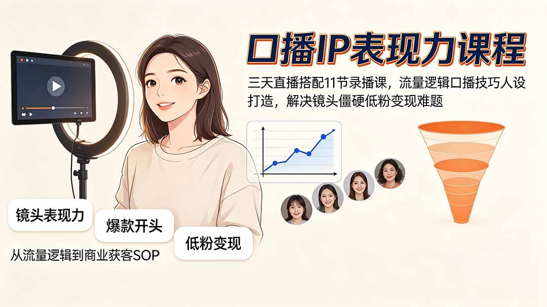口播IP表现力课程|三天直播搭配11节录播课,流量逻辑口播技巧人设打造,解决镜头僵硬低粉变现难题-休闲学社