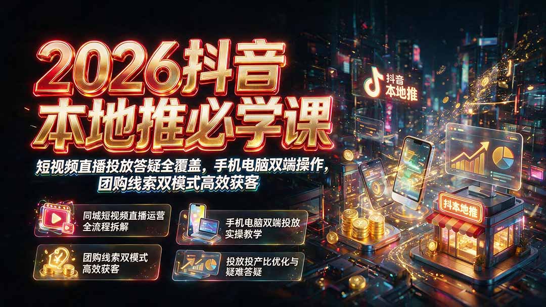 2026抖音本地推必学课|短视频直播投放答疑全覆盖,手机电脑双端操作,团购线索双模式高效获客-休闲学社