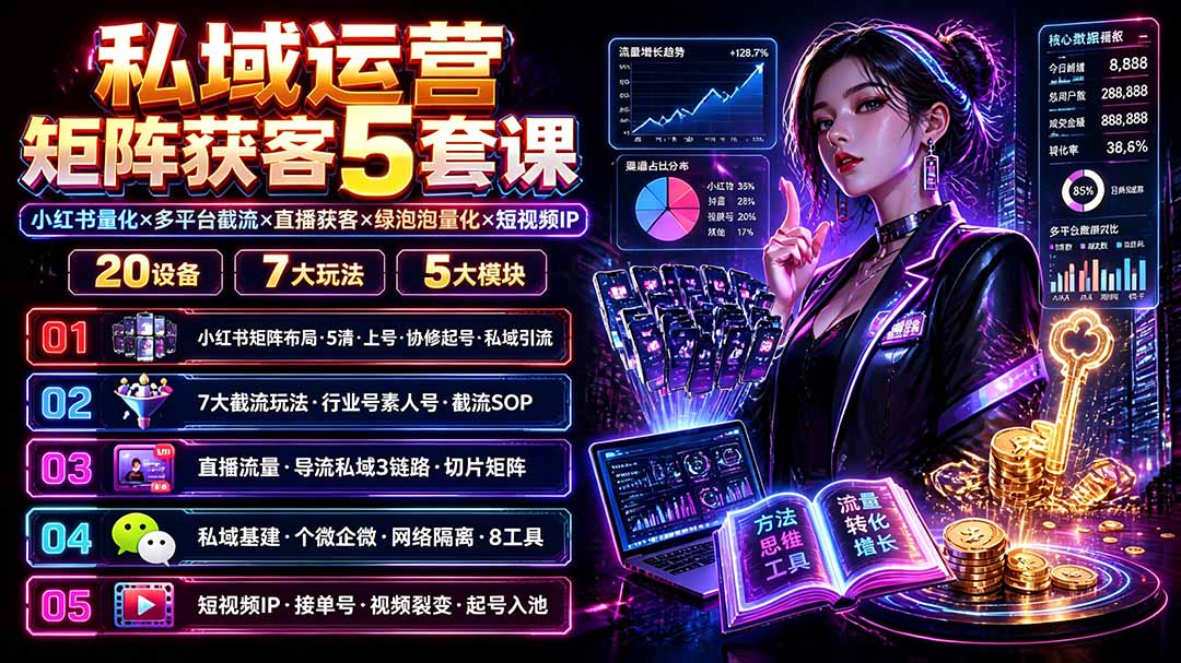 私域运营矩阵获客5套课:小红书量化×多平台截流×直播获客×绿泡泡量化×短视频IP×20设备×7大玩法-休闲学社