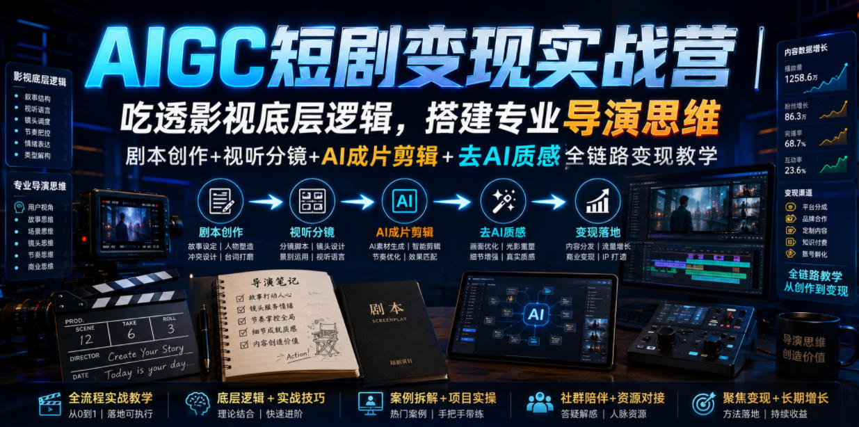 AIGC短剧变现实战营｜吃透影视底层逻辑，搭建专业导演思维，剧本创作+视听分镜+AI成片剪辑+去AI质感全链路变现教学-休闲学社