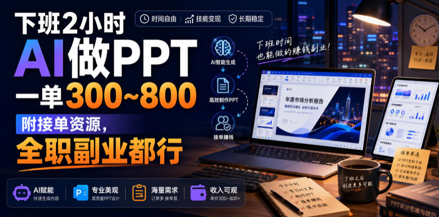 下班2小时AI做PPT，一单300~800，附接单资源，全职副业都行【揭秘】-休闲学社