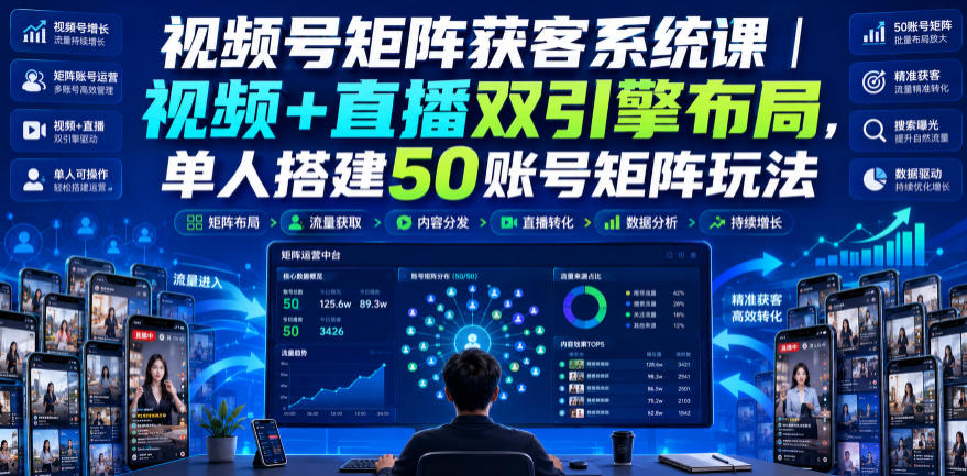 视频号矩阵获客系统课|视频+直播双引擎布局,单人搭建50账号矩阵玩法,流量入池、搜索占位、全域引流沉淀私域全流程教学-休闲学社