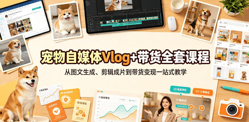 宠物自媒体Vlog+带货全套课程｜从图文生成、剪辑成片到带货变现一站式教学-休闲学社