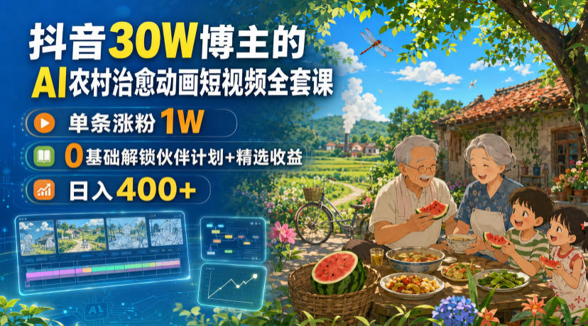 抖音30W博主的AI农村治愈动画短视频全套课|单条涨粉1W,0基础解锁伙伴计划+精选收益,日入400+-休闲学社