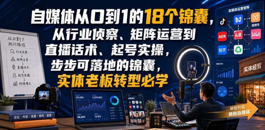 自媒体从0到1的18个锦囊，从行业侦察、矩阵运营到直播话术、起号实操，步步可落地的锦囊，实体老板转型必学-休闲学社