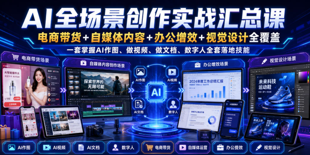AI全场景创作实战汇总课｜电商带货+自媒体内容+办公增效+视觉设计全覆盖，一套掌握AI作图、做视频、做文档、数字人全套落地技能-休闲学社