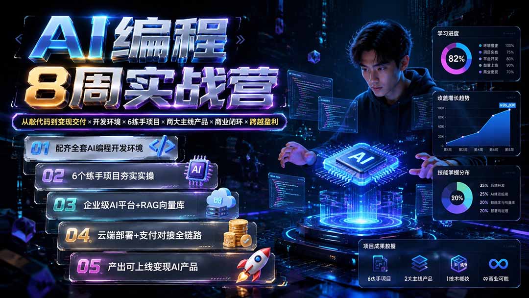 AI编程8周实战营：从敲代码到变现交付×开发环境×6练手项目×两大主线产品×商业闭环×跨越盈利-休闲学社