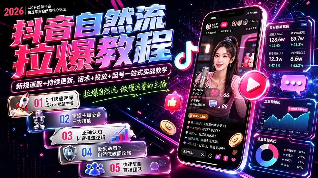 抖音自然流拉爆教程-更新7月:做懂流量的主播,新规适配+持续更新,话术+投放+起号一站式实战教学-休闲学社