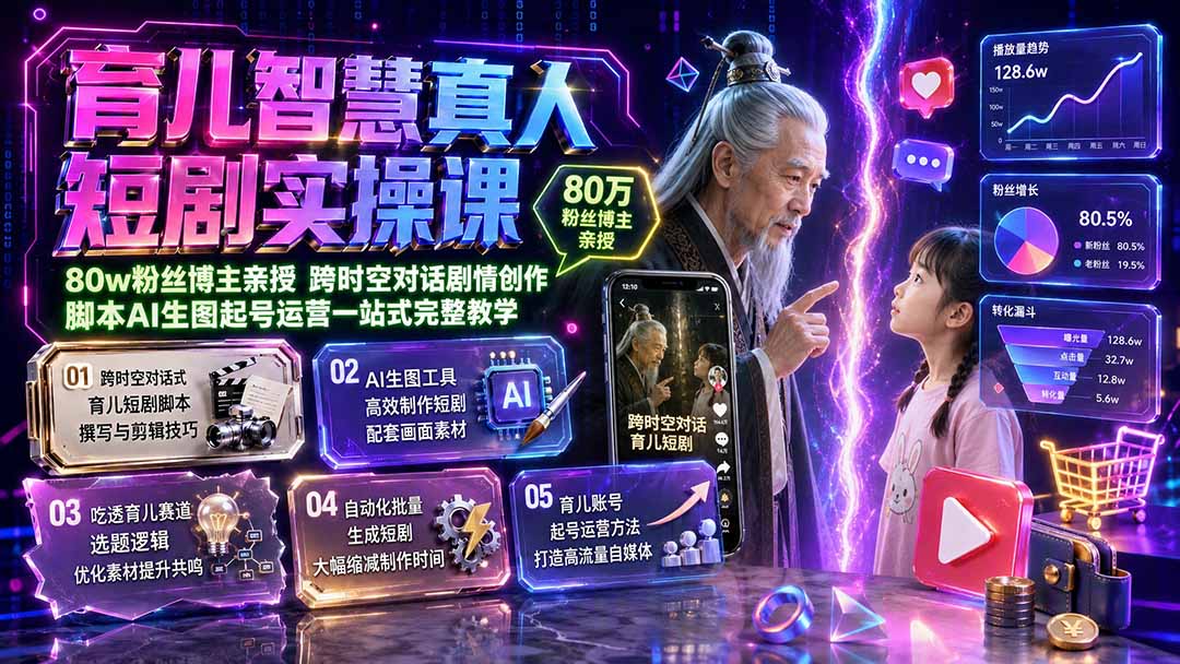育儿智慧真人短剧实操课｜80w粉丝博主亲授，跨时空对话剧情创作，脚本AI生图起号运营一站式完整教学-休闲学社